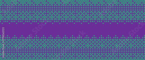 Abstract halftone gradient background in violet neon green colors. Pixelated 8-bit dotted pattern with spooky horror aesthetic. Digital raster retro video game texture for Halloween, mystic, gothic