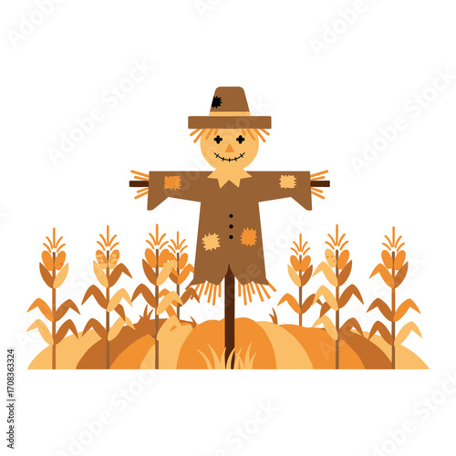 Harvest festivities scarecrow in cornfield seasonal illustration autumn vibes creative design vibrant colors. Vector illustration