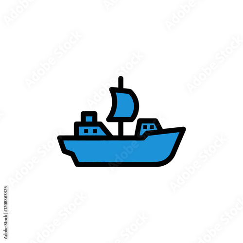 Stylized Blue Sailing Ship Icon with Black Outline
