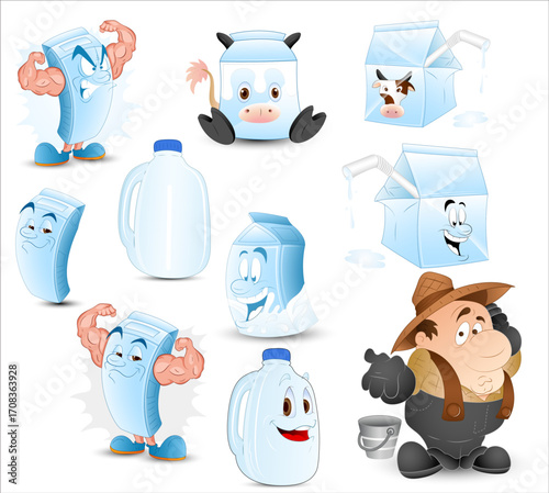 Collection of anthropomorphic milk cartons, bottles, and a farmer character.
