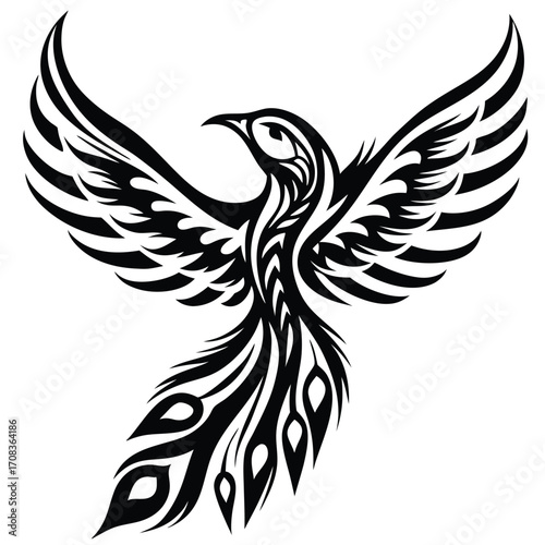 Tribal phoenix spreads its decorative wings with an intricate pattern, a symbol of rebirth
