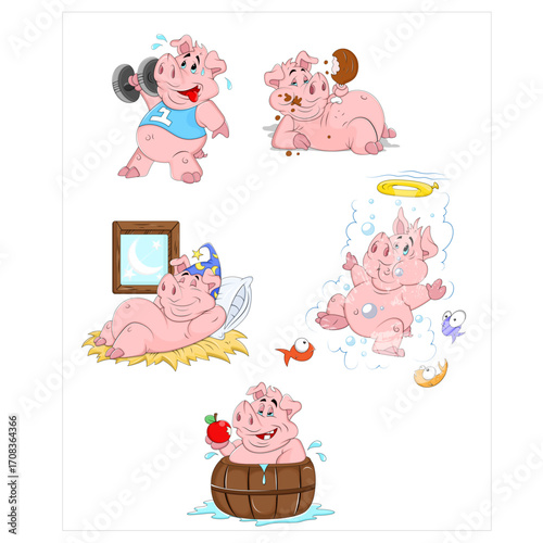 Cartoon Pigs Engaged in Various Activities - Exercising, Eating, Relaxing, Bathing.