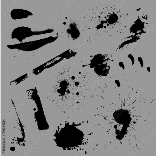 Collection of Black Ink Splatters and Strokes on Gray Background.
