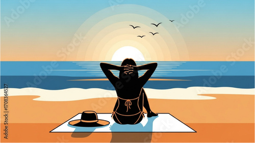 Vector Illustration of Summer Silhouette of Relaxing Woman on Beach AI EPS PNG