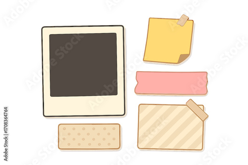 Scrapbook elements set with blank instant photo frame, sticky notes, and washi tape. Vintage collage kit for journaling and memory keeping. Vector notice board design.