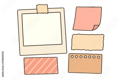 Blank photo frame and decorative paper pieces. Scrapbook elements with sticky notes and torn paper for journaling and creative design projects. Vector cartoon illustration.