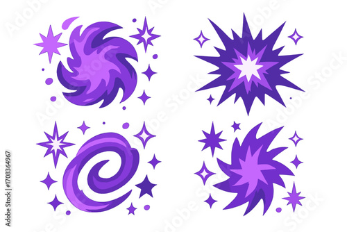 Magic explosion and energy burst effect. Set of purple cartoon flashes, sparkles, and stars. Vector illustration for comic or game vfx. Power hit, attack, or swirl portal.