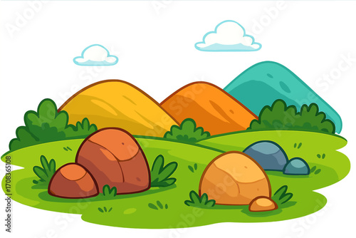 Colorful cartoon landscape with hills, boulders, and green grass. Vector illustration of a summer nature scene. Mountain scenery background for kids. Sunny day with clouds.