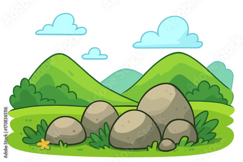 Vector cartoon landscape with green hills, boulders, and clouds. Cute summer nature scene illustration. Natural scenery with stones and grass isolated on transparent background.