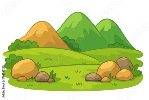 Colorful cartoon hills landscape with boulders. Vector illustration of a green meadow scene. Summer nature background for kids. Game asset with rocks and mountains.