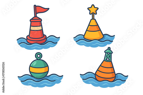 Nautical buoy collection. Vector cartoon icons for marine and maritime design. Sea safety and navigation symbols. Playful ocean life and travel theme illustration set.