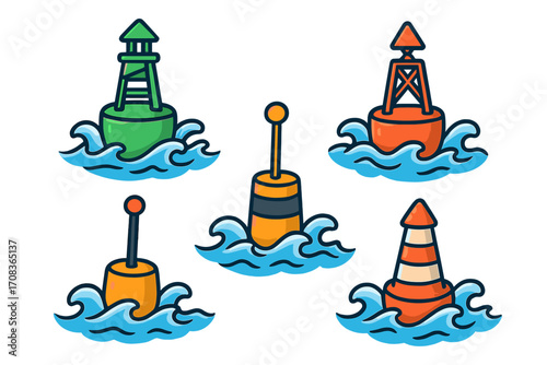 Set of colorful nautical buoys on sea waves. Marine navigation safety marker collection. Vector cartoon icon illustration. Floating maritime & ocean theme design element.
