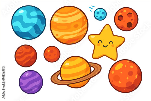 Cute cartoon planets and celestial bodies set. Solar system objects for kids. Funny kawaii star, Saturn, Jupiter. Space astronomy collection. Vector graphic illustration isolated.