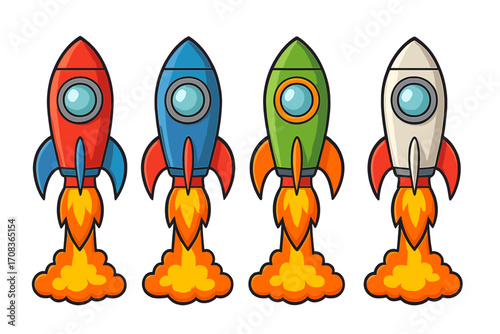 Vector cartoon rocket ship launch collection. Colorful spaceships taking off with fire. Space exploration, startup business boost, and success concept icons. Isolated set.