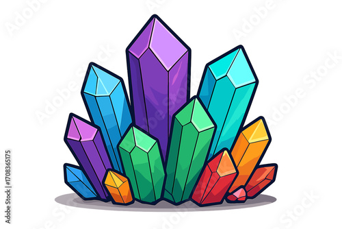 Colorful crystal cluster vector illustration. Magic gem stones cartoon icon. Bright shiny precious mineral jewel isolated. Esoteric geology rock collection clipart asset.
