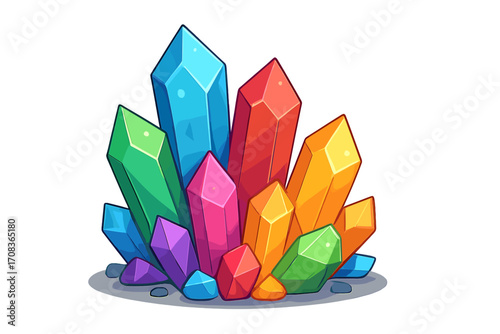 Colorful crystal cluster vector cartoon illustration. Shiny precious gemstones and jewels. Magic mineral treasure isolated on white. Gemology concept for game design or fantasy.
