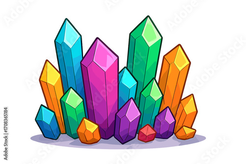 Colorful crystal gems vector icon set. Bright shiny minerals and precious stones collection. Magic fantasy treasure geology asset. Cartoon jewel illustration isolated on white.