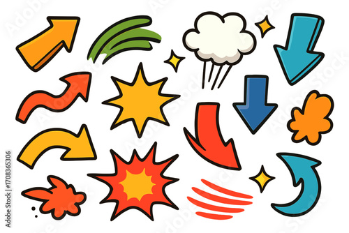 Set of colorful comic book cartoon doodle elements. Hand-drawn pop art vector graphics with arrows, explosion effects, bang, boom, and cloud symbols for emphasis and attention.