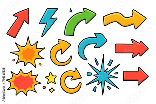 Colorful comic graphic elements set. Vector cartoon illustration of various arrows, lightning bolt, stars, and explosion special effects. Pop art pointers and action signs pack.