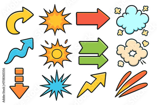 Set of colorful cartoon comic pop art graphic elements. Vector collection of arrows, explosion, bang, puff, and smoke effects for design. Direction, impact, and motion icons.