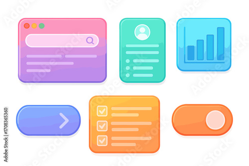 Colorful translucent UI elements for web and app design. Glassmorphism style GUI kit with buttons, search bar, profile, chart and checklist icons. Vector illustration.