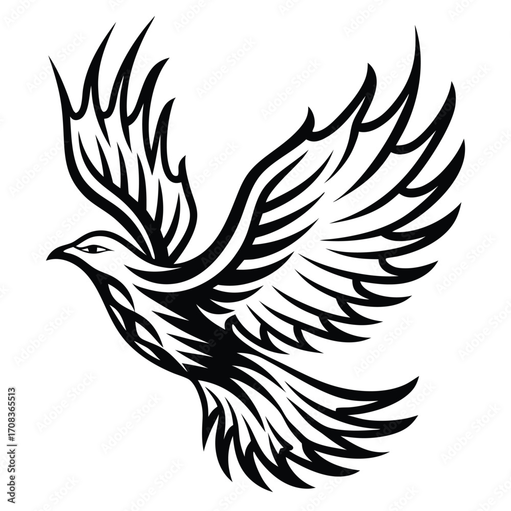 Fototapeta premium Stylized eagle soars dynamically featuring bold black outlines against a crisp white backdrop