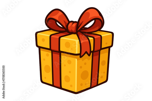 Cheese gift box with red ribbon bow. Vector cartoon illustration for birthday, Christmas, anniversary. Funny food present concept. Gourmet surprise package for celebration.