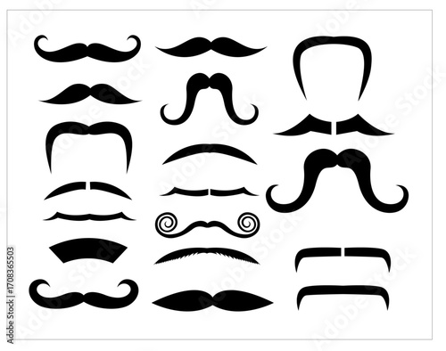 Collection of various mustache styles in black color on white background.