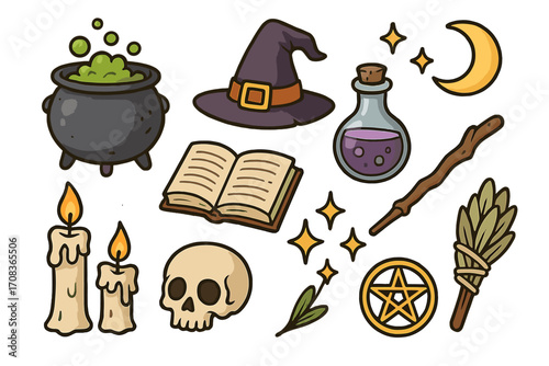 Witchcraft magic vector icon set. Halloween collection with cauldron, potion, spell book, wand, skull, hat, pentagram. Cartoon doodle wicca and pagan occult symbols.