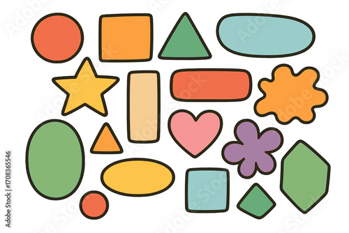 Set of colorful basic geometric shapes. Collection of hand drawn cartoon doodle figures. Abstract retro 70s sticker pack for kids design. Vector illustration isolated on white.