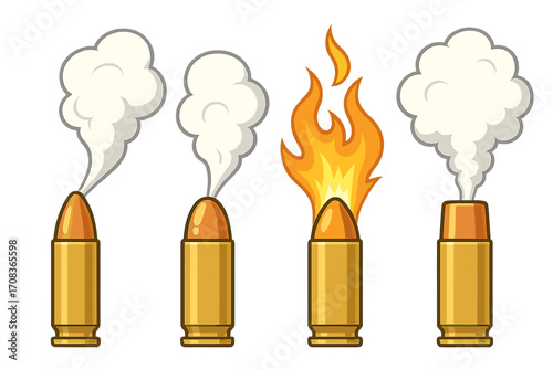 Vector cartoon bullets set. Different types of ammo comparison. Smoking bullet, burning fire ammunition, and fired shell casing with smoke plume. Cartridge concept.