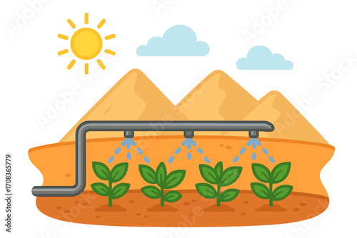 Drip irrigation system for plant growth in arid desert landscape. Smart farming technology for agriculture and cultivation. Vector illustration of watering crops in a dry climate.
