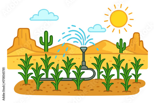 Irrigation system enhancing plant growth in a desert landscape. Concept for agriculture, farming in arid climates. Sprinkler watering crops for food production. Cartoon vector.