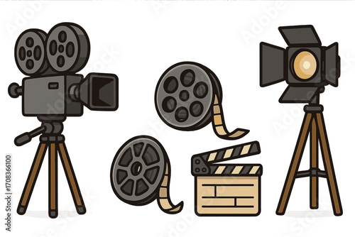 Set of vintage film equipment. Retro movie camera, film reel, clapperboard, spotlight. Cinematography gear for cinema production. Old Hollywood filmmaking vector icon set.