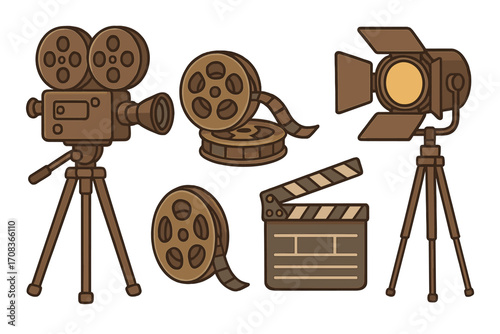 Vintage film equipment set for movie production. Retro cinema icons including camera, tripod, film reel, clapperboard, and studio light. Old movie making clipart vector.