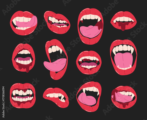 Hand drawn cartoon set of Halloween with vampire open mouth, fangs and tongue. Female red lips with long pointed canine teeth and blood. Vintage design for holiday decoration, card, print, invitation