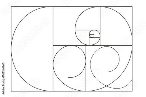 Golden ratio spiral in minimalist line art. Fibonacci sequence geometry for ideal proportion. Sacred geometry layout demonstrating divine harmony and balance in design composition.