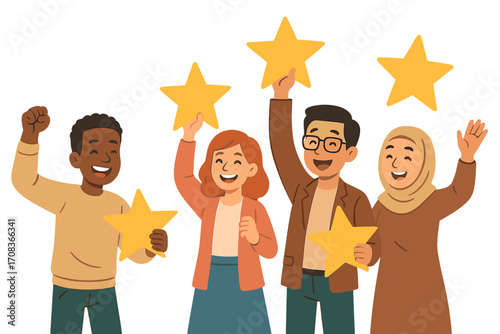 Group of diverse people giving five star rating. Customer review with gold star. Concept of feedback, satisfaction, success, and achievement. Vector cartoon illustration.
