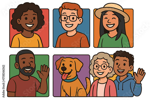 Collection of diverse people portraits with a pet dog. Community and society concept. Multi-ethnic group of different ages. Happy cartoon vector avatars for social media.