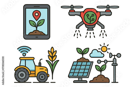 Agricultural technology icons for smart farming. Vector set with drone sprayer, autonomous tractor, solar power, and GPS for precision agriculture and modern cultivation.