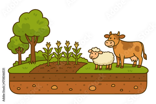 Sustainable agriculture concept with farm animals. Vector cartoon of a cow and sheep on a pasture with corn crops. Farming landscape showing soil layers and trees. Eco-friendly.