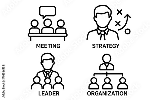 Leadership business line icon set. Corporate management concepts like meeting, strategy, organization, and teamwork. Vector pictograms for business presentations and infographics.