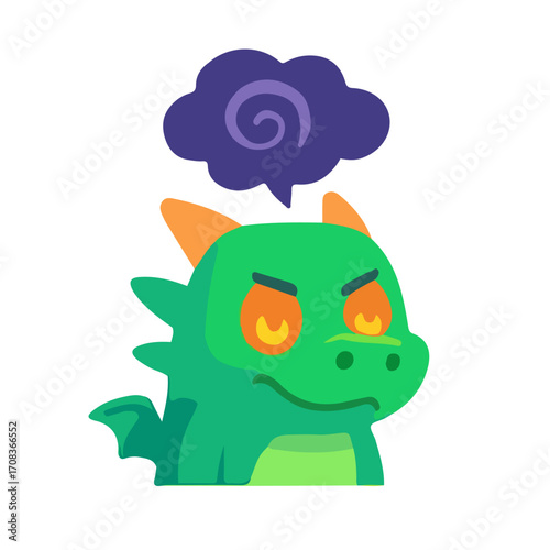 Cute dragon cartoon angry expression. Adorable green dragon mascot with fire eyes. Funny dragon character mad illustration.