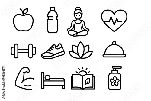 Lifestyle and wellness linear icon set. Health, fitness, relaxation symbols. Yoga, food, sleep, sport outline icons. Vector illustration for healthy living concepts.