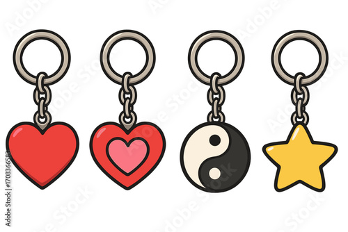 Keychain vector set. Cartoon keyring collection with heart, star, and yin-yang symbols. Love, balance, and harmony concept. Accessory charm pendant illustration isolated.