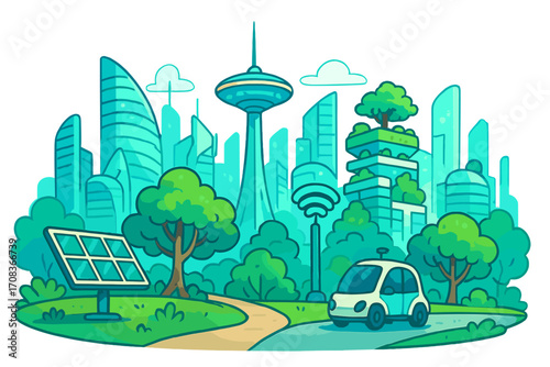 Futuristic smart city with green technology. Eco friendly urban landscape with renewable energy, solar panel, electric car. Sustainable future concept cartoon vector illustration.