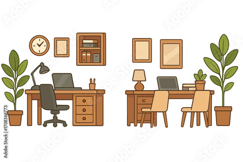 Office interior set. Home office and co-working space concept. Vector cartoon illustration of two modern workplaces with wooden furniture, desk, chair, laptop, and plants.