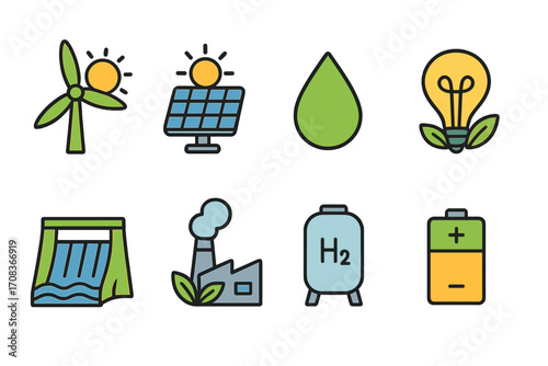 Renewable energy icon set. Green power symbols collection. Vector illustration of sustainable technology, wind turbine, solar panel, hydrogen, hydropower dam and battery storage.