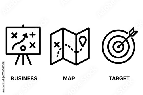 Strategy and planning line icon set. Business tactic and game plan. Roadmap with map for navigation. Target for goal, objective and mission success. Vector icons.