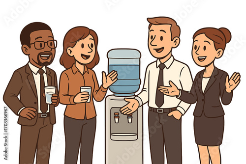 Water cooler conversation. Diverse colleagues on an office break. Business team talking, networking. Office life communication concept. Corporate gossip. Vector cartoon.